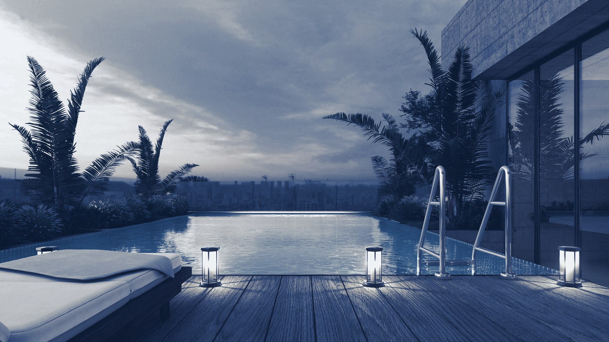 Rooftop pool at sunset, tinted navy